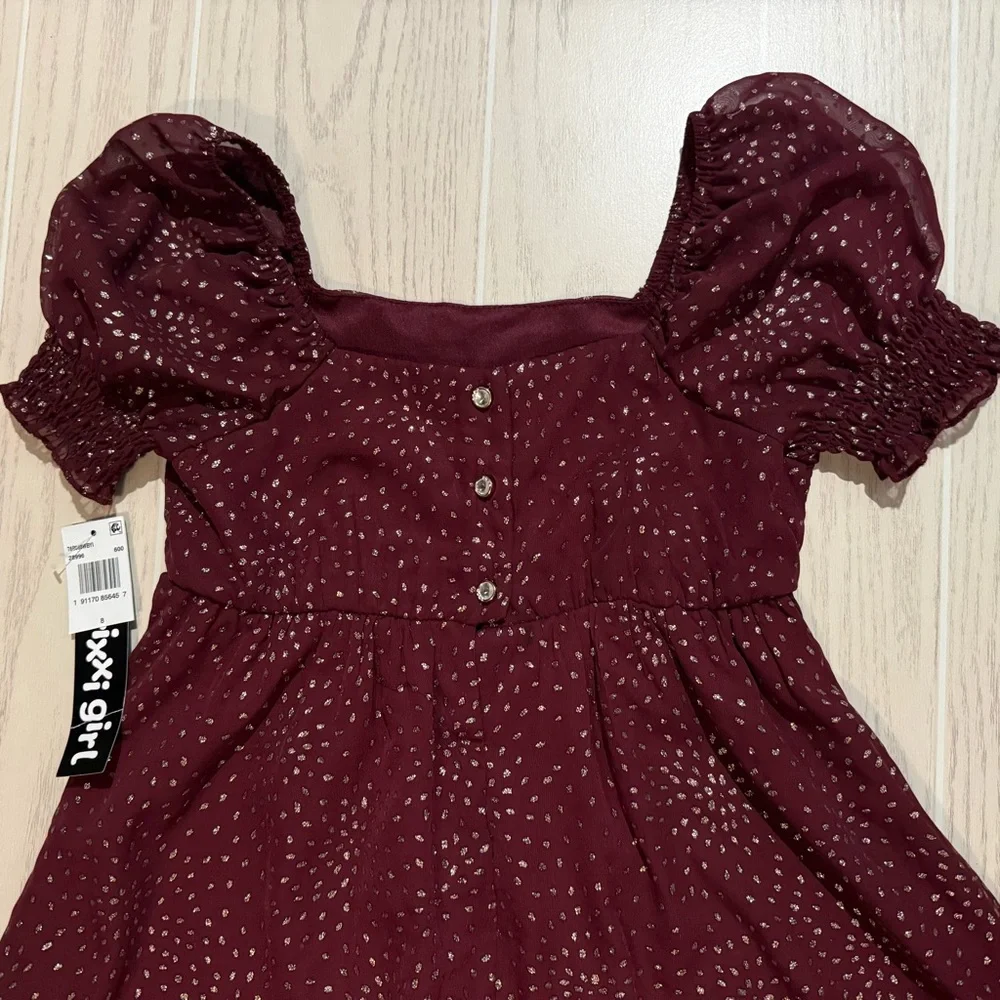 Trixxi Girl Burgundy Gold Dot Party Dress Size 8‎ Puff Sleeve Holiday NEW
